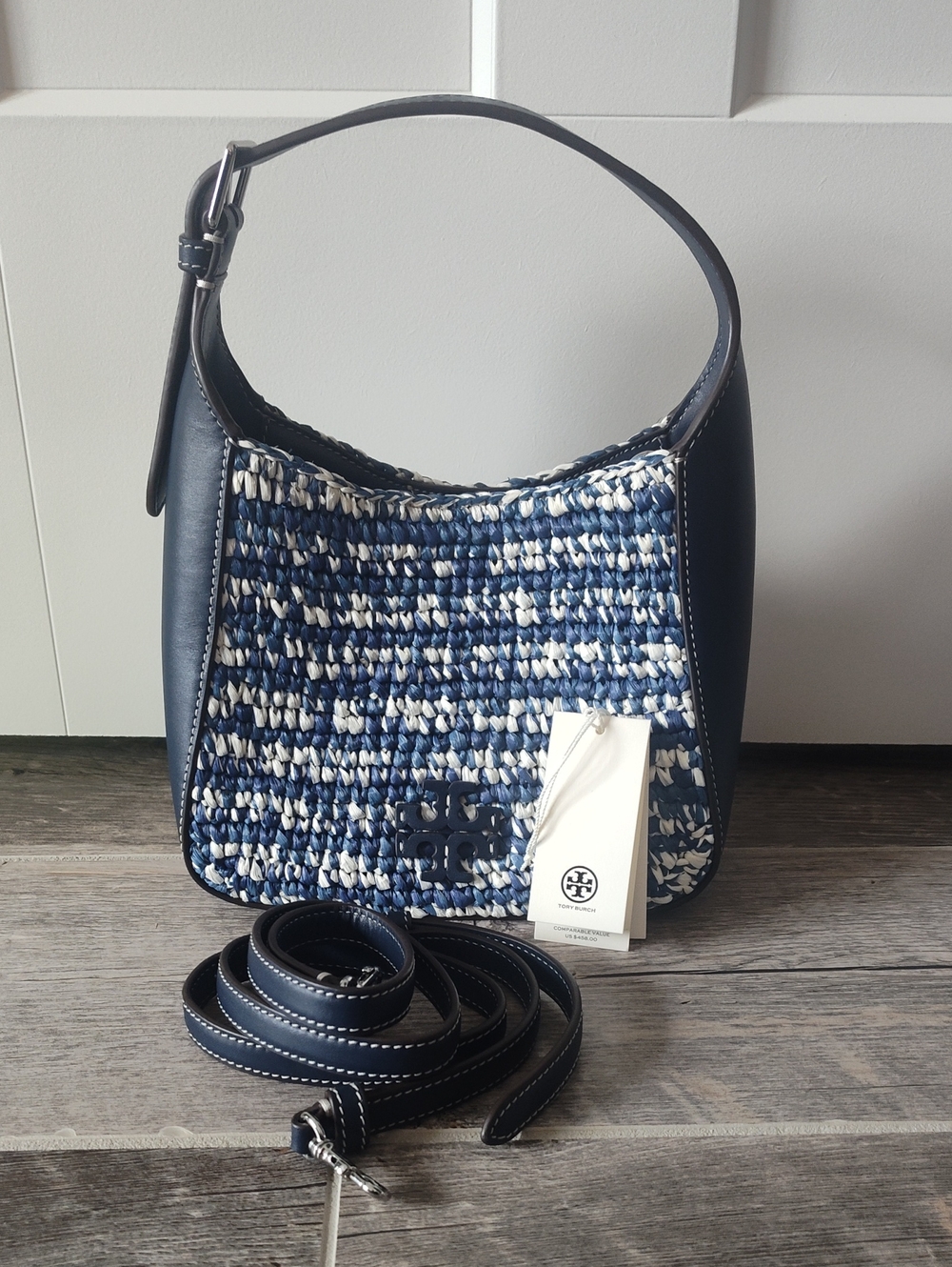 Tory Burch Navy and Off White Woven Shoulder Hobo - Picture 1 of 10